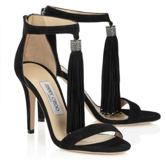 Rare Jimmy Choo Viola 100 Black Suede Fringe Heels| sz 37 | 7us - Picture 1 of 9